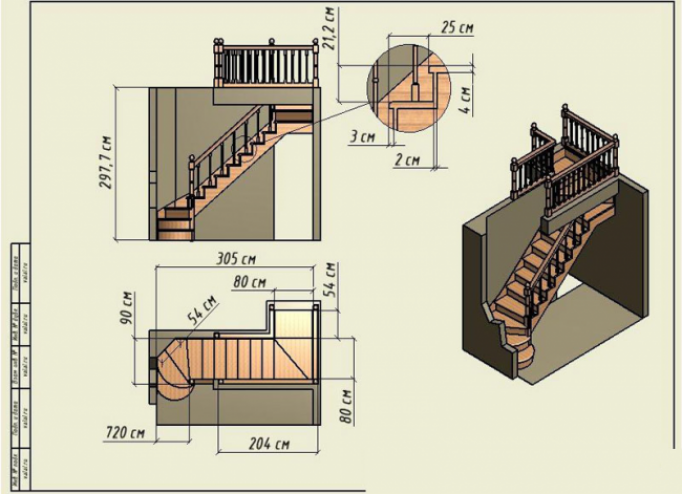 Чертеж трехмаршевой лестницы