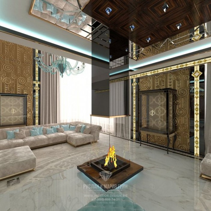 Золото ацтеков в дизайне интерьера гостиной с камином