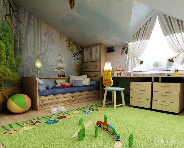 Дизайн детской комнаты на мансарде, фото примеры